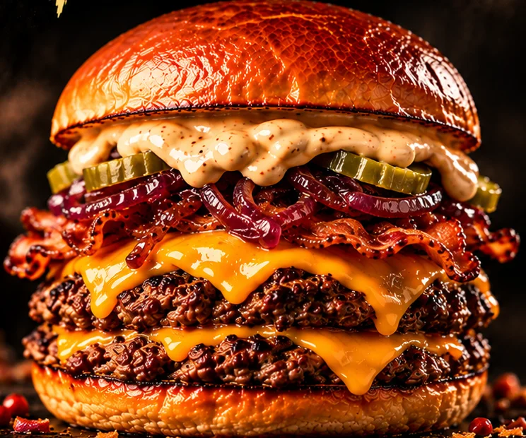 Motivos: Cheddar e Catupiry, bacon, cebola roxa caramelizada, picles e Segredo do Clã.